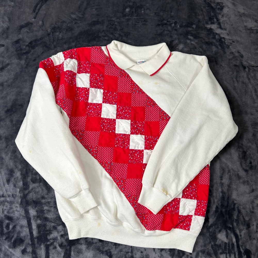 Hanes Sweatshirt Womens L White Red Patchwork Collared‎ Vintage Fleece Pullover